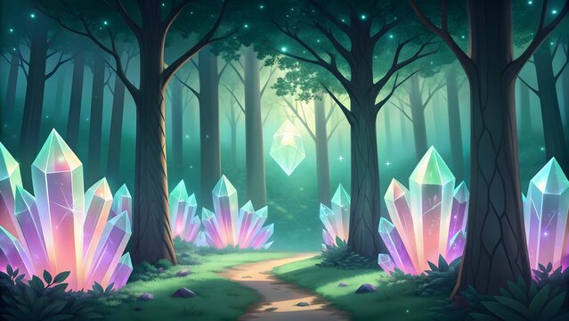 Enchanted forest path lined with glowing crystals and mystical light