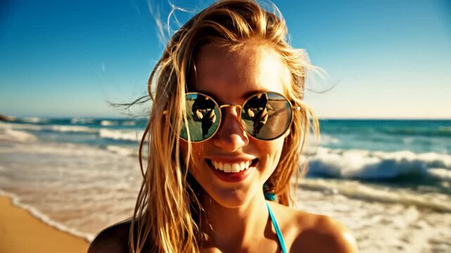 Happy young woman in sunglasses on a sunny beach, smiling at camera with ocean waves and blue sky in the background.