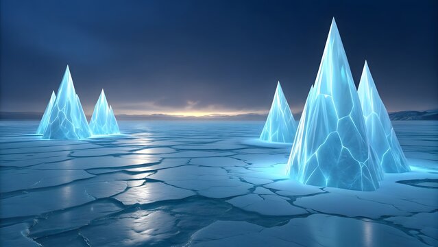 Ethereal ice formations rise from a frozen landscape under a twilight sky