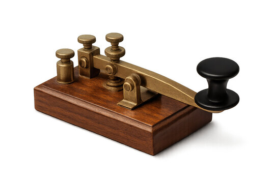 Antique brass telegraph key on a wooden base for morse code communication history.