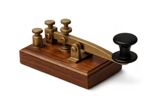 Antique brass telegraph key on a wooden base for morse code communication history.