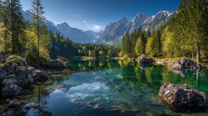 Fairy-tale alpine mountain lake with crystal-clear calm waters reflecting majestic snow-capped peaks and lush green slopes, scenic landscape of lake fusine in the alps under soft natural light