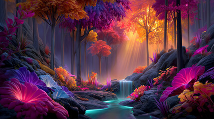 A scenic view of a waterfall in a fantasy forest.