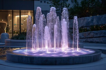 Circular fountain with multiple water jets and purple lighting at night Image