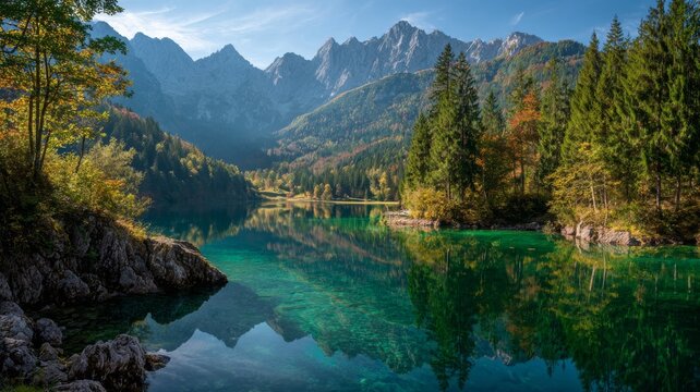 Fairy-tale alpine mountain lake with crystal-clear calm waters reflecting majestic snow-capped peaks and lush green slopes, scenic landscape of lake fusine in the alps under soft natural light