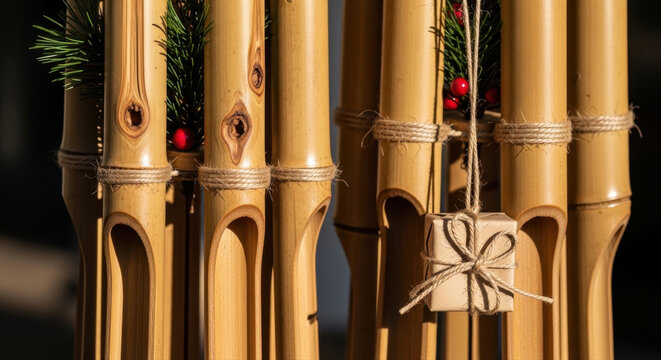 Festive outdoor bamboo wind chimes adorned with pine sprigs and red berries, casting melodic sounds in warm sunlight