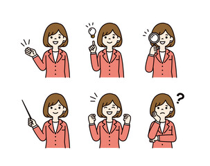 いろいろなポーズの、スーツを着た若い女性の上半身ベクターイラスト素材セット＿カラー