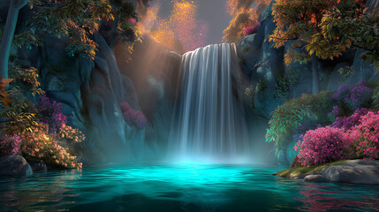 A scenic view of a waterfall in a fantasy forest.