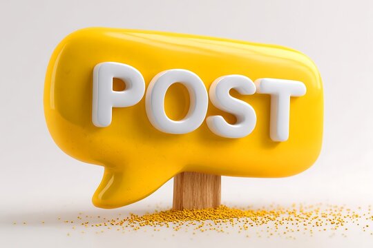 Bright yellow speech bubble with the word post in white 3d letters on a light background