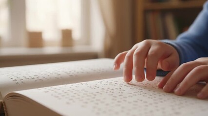 small hands of a child softly reading braille text, tactile learning for world braille day video - Powered by Adobe