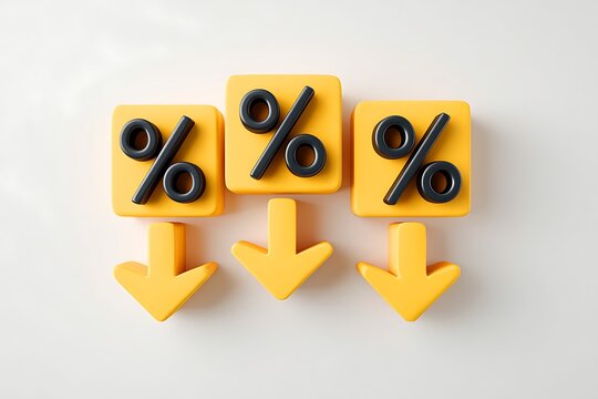 Three yellow blocks with percentage symbols and downward arrows indicating a decrease