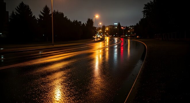 A tranquil cinematic scene of a wet night road, where the dark asphalt glistens with the warm, glowing reflections of street lamps and city lights