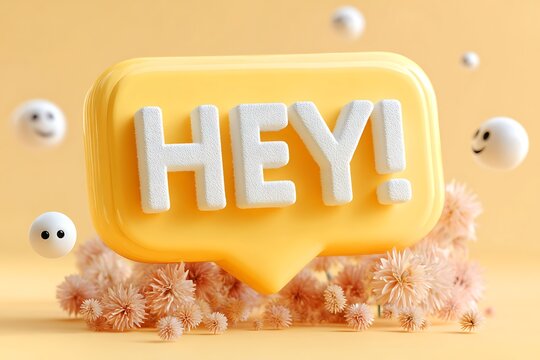 Cute 3d hey speech bubble with floating characters and soft particles - Powered by Adobe