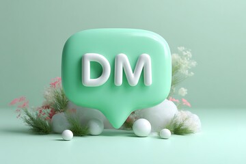 Soft pastel mint green speech bubble with dm text surrounded by delicate flowers and easter eggs