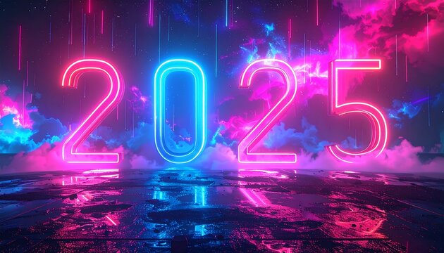 Modern New Year countdown design with neon numbers, abstract glowing shapes, and futuristic light effects.