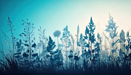 Fototapeta premium Blue Cyanotype Style Garden Background with Wildflower and Plant Silhouettes