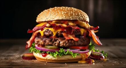 Juicy double bacon cheeseburger stacked high with fresh toppings on a rustic wooden surface - Powered by Adobe