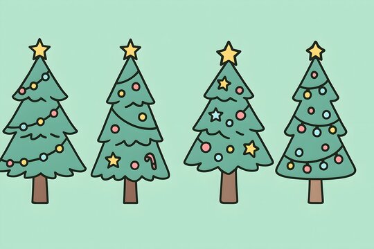 Four playful Christmas trees with lights, stars, baubles, whimsical proportions, clean black outlines, soft pastel color accents, modern cartoon aesthetic, mint green background. - Powered by Adobe