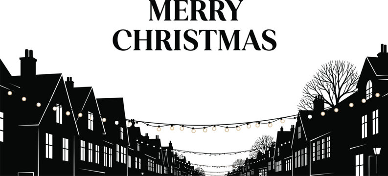 Merry christmas written in black letters on a white background with houses and lights