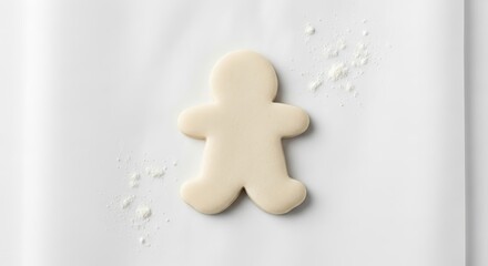 An undecorated gingerbread man cookie dough cutout on white parchment paper with a dusting of flour.