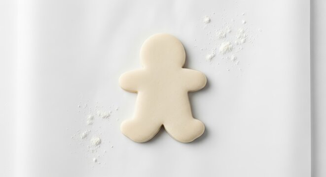 An undecorated gingerbread man cookie dough cutout on white parchment paper with a dusting of flour. - Powered by Adobe