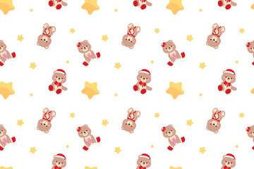Merry Christmas cute bear happy face wearing santa hat and bow tie seamless pattern transparent background retro vector flat design.