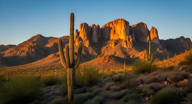 Superstition mountains at sunset with saguaro cactus in arizona desert