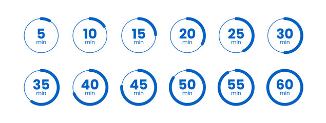 Business Productivity Timer Icons – Blue Circular 5, 10, 15, 20, 25, 30, 35, 40, 45, 50, 55, 60 Minute Countdown Set