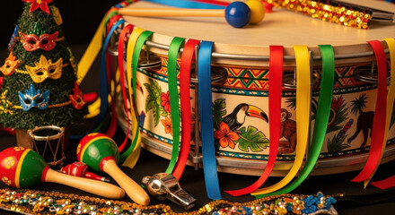 Colorful Brazilian samba drum adorned with vibrant ribbons, maracas, and a Christmas-themed carnival mask, set on a festive black background