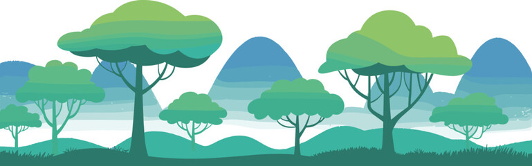 Stylized forest landscape vector illustration with layered trees, gradient mountains, rolling hills, and tranquil atmosphere for nature design and backgrounds