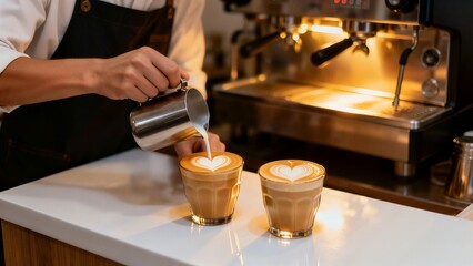 A barista expertly pours steamed milk to create beautiful heart latte art in two glasses of coffee on a cafe counter.