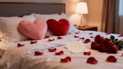 A romantic bed setup with red and pink heart pillows, scattered rose petals, a bouquet of roses, and a blank card.