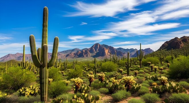 Arizona desert landscape with saguaro cactus and mountain views under a blue sky