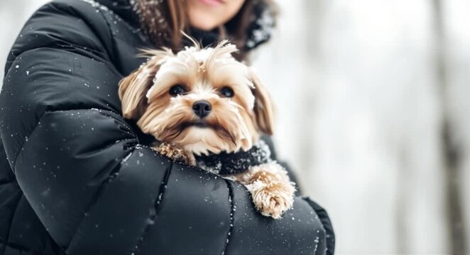 Cozy person holding a small fluffy dog in their arms during a snowy winter day outdoors