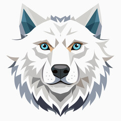 Striking Geometric White Wolf Head Vector Illustration with Blue Eyes - A Modern, Stylized Arctic Canine Animal Mascot Design for Branding, Gaming, or Apparel Concept.