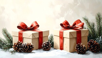 Christmas gift box composition with ribbon bows, pine cones, and minimalist white background for product display.