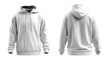 Front and back view of a blank, white hoodie