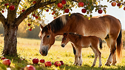 Brown mare and foal standing under apple tree in sunny meadow  