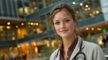 Inspiring trust through warmth: a modern medical scene. Bright colors. Young doctor in modern clinic with inviting smile and careful demeanor. Print ready. Rule thirds.