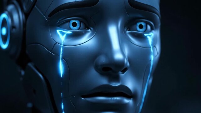 Crying Robot Face Close-Up - A close-up shot of a humanoid robot's face, with bright blue eyes and glowing blue tears streaming down its cheek.