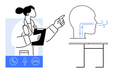 Doctor discusses respiratory system on a video call while gesturing toward an anatomical diagram. Ideal for telemedicine, healthcare, education, remote consultation, anatomy, medical advice, simple