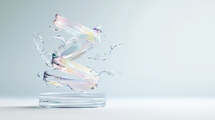 An abstract sculpture of iridescent, swirling liquid splashes frozen in motion, emerging from a clear glass pedestal against a soft, neutral background with gen