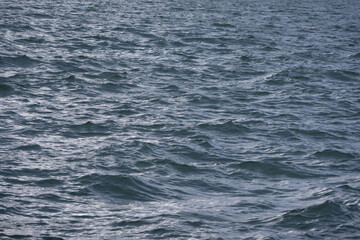 A close-up shot of the dark blue ocean water surface, with gentle waves and small ripples r
