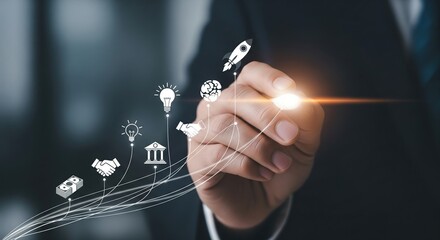 Businessman s hand interacting with digital icons representing various industries and services