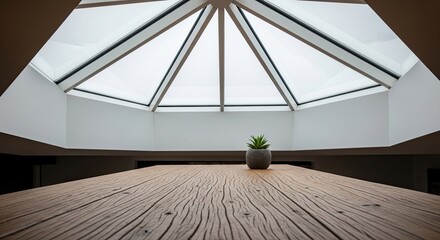 Rustic wooden table under a modern geometric skylight window.