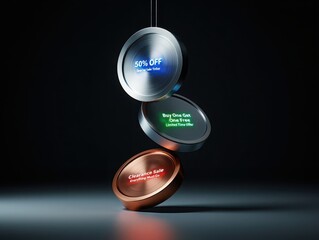 Three glowing digital currency coins suspended in air