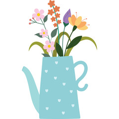 Light Blue Ceramic Watering Can Filled With Assorted Pink Orange and Yellow Flowers and Green Leaves Isolated on White Background