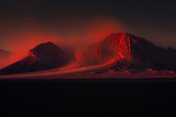 Fiery volcano eruption under a dark sky