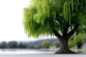Lush willow tree gracefully drapes over calm waters near a tranquil landscape at sunset