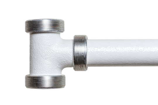 White pipe joint with metallic accents on black background